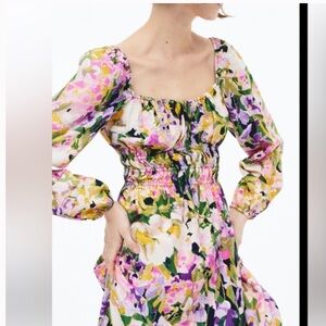 H&M Balloon-sleeved smocked waist midi dress Cottagecore purple/floral  Size XL